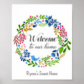 ウェルカムトゥーホームグリーンブラックフローラタイポグラフィ ポスター (正面)