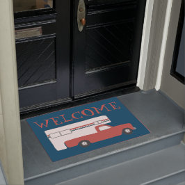 ウェルカムトラックキャンパーヴィンテージモーターホームレッドブルー ドアマット