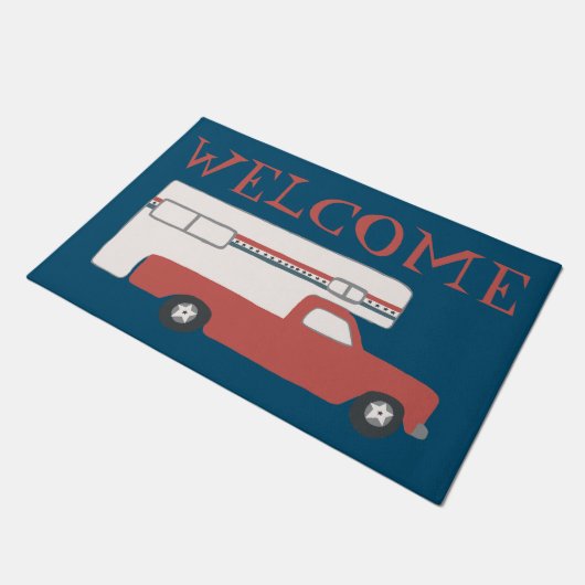 ウェルカムトラックキャンパーヴィンテージモーターホームレッドブルー ドアマット (アングル)