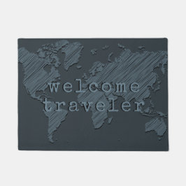ウェルカムトラベラーワールドマップダークグレー ドアマット