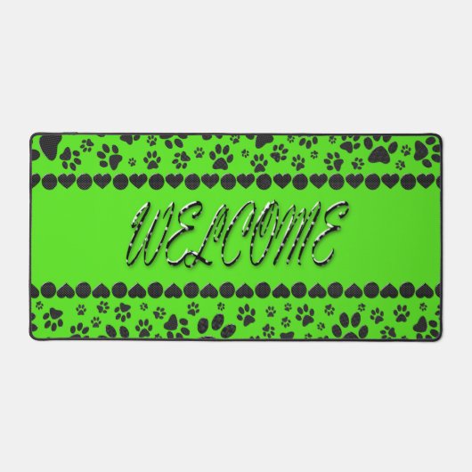 ウェルカムドッグポーズブラック&ホワイト水玉模様オングリーン デスクマット (正面)