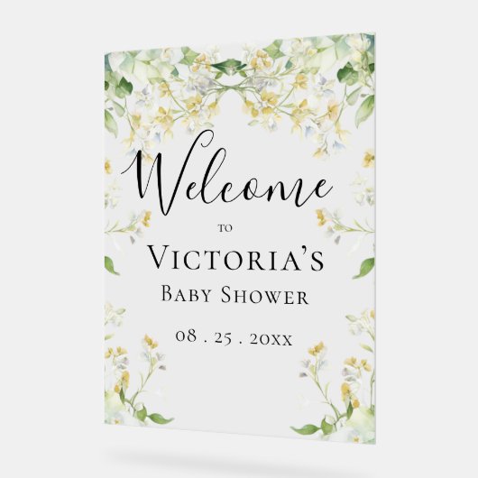 ウェルカムニュートラルフローラエレガントベビーシャワー アクリルサイン (傾斜)