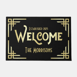 ウェルカムニューリニューウィッドギフトアールデコ金ゴールドブラックギャツビー ドアマット
