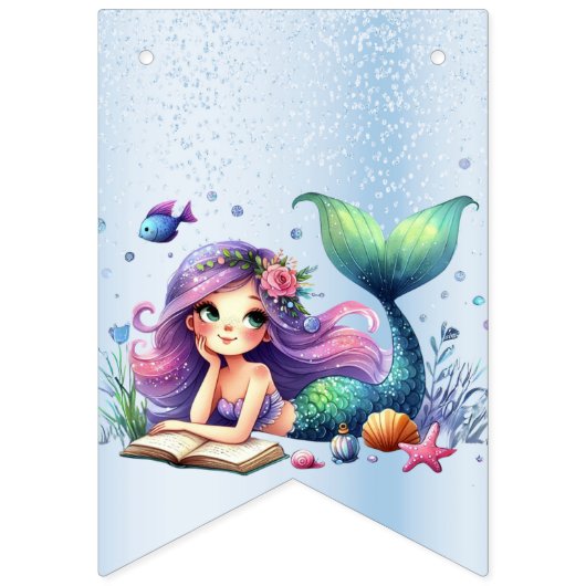 ウェルカムバースデーパーティーウォーターカラーマーメイドシーライフ バンティングフラッグ (第2の旗)