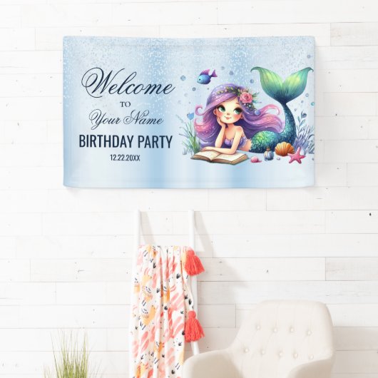 ウェルカムバースデーパーティーウォーターカラーマーメイドシーライフ 横断幕 (インサイチュ)