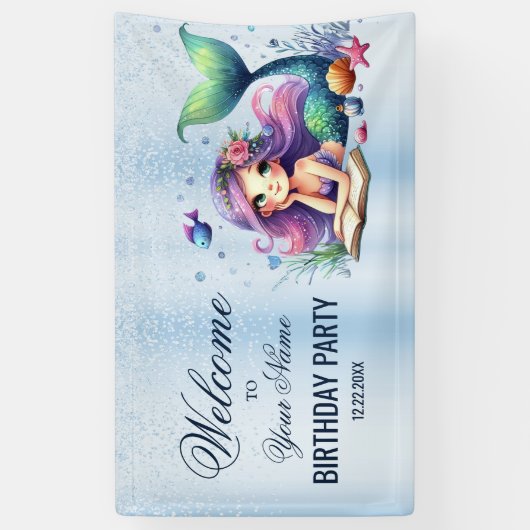 ウェルカムバースデーパーティーウォーターカラーマーメイドシーライフ 横断幕 (縦)