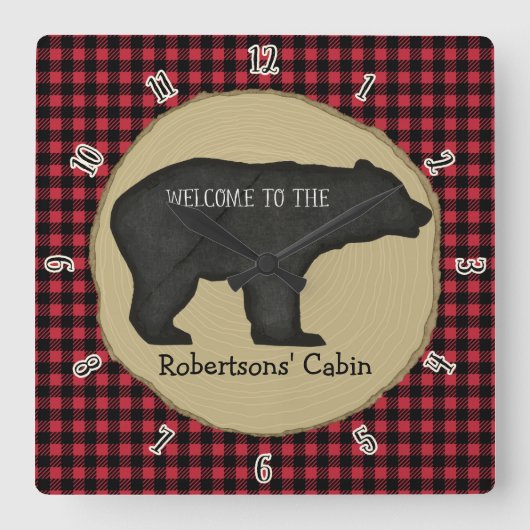 ウェルカムパーソナライズされたサインルンバージャックベアキャビン スクエア壁時計 (正面)