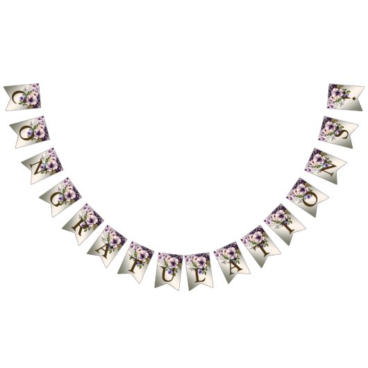 ウェルカムパーティーパープルピンクの花ゴールデンエレガント バンティングフラッグ (全)