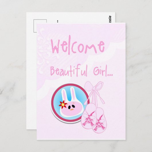 ウェルカムビューティファイガールピンクオンホワイト誕生日 ポストカード (正面/裏面)