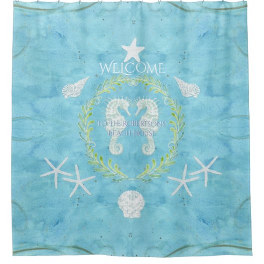 ウェルカムビーチハウスシーホーススターフィッシュウォーターカラー シャワーカーテン (正面)