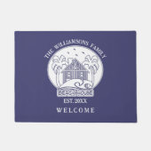 ウェルカムビーチハウスファミリーネームブルー&ホワイト ドアマット (正面)