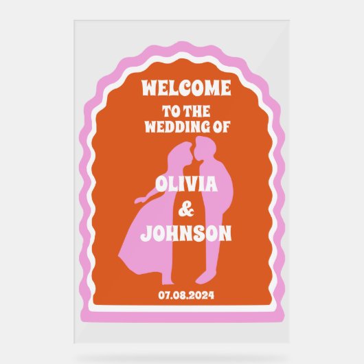 ウェルカムピはっきりしたックオレンジレトロウェーブアーチ結婚ーズ アクリルサイン (正面)
