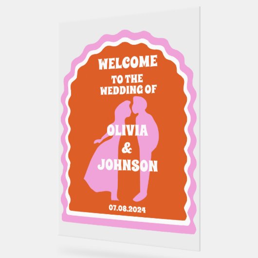 ウェルカムピはっきりしたックオレンジレトロウェーブアーチ結婚ーズ アクリルサイン (傾斜)