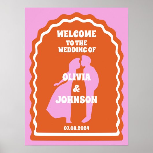 ウェルカムピはっきりしたックオレンジレトロウェーブアーチ結婚ーズ ポスター (正面)