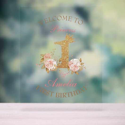 ウェルカムピンク金ゴールドクラウンプリンセス1st誕生日サイン アクリルサイン (ニュートラル)
