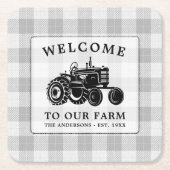 ウェルカムファミリーネームファームトラクターホワイトプレイド スクエアペーパーコースター (正面)