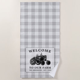 ウェルカムファミリーネームファームトラクターホワイトプレイド ビーチタオル