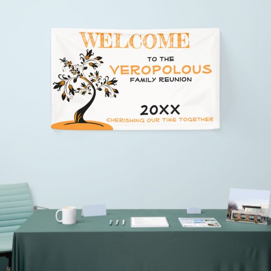 ウェルカムファミリーモダン懇親会オレンジフローラツリー 横断幕 (トレードショー)