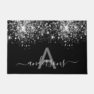 ウェルカムファミリーモノグラム黒銀グリッターダスト ドアマット