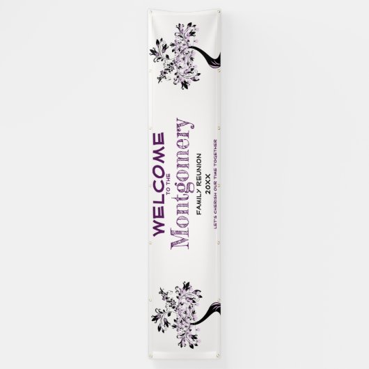 ウェルカムファミリー懇親会モダンパープルツリー 横断幕 (縦)