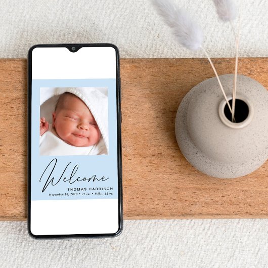 ウェルカムフォトコラージュ男の赤ちゃんブルー誕生 案内状