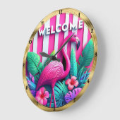 ウェルカムフラミンゴトロピカルストライプ ラージ壁時計 (傾斜)