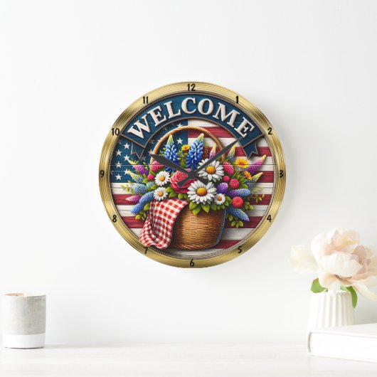 ウェルカムフラワーフラッグ愛国心 ラージ壁時計 (ホーム)