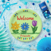 ウェルカムフレンズガーデンフラワーライトグリーン ペーパープレート (パーティー)