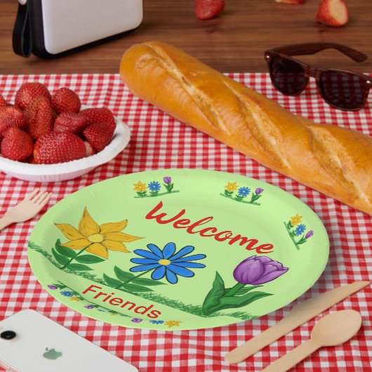 ウェルカムフレンズガーデンフラワーライトグリーン ペーパープレート (ピクニック)