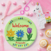ウェルカムフレンズガーデンフラワーライトグリーン ペーパープレート (パーティー)