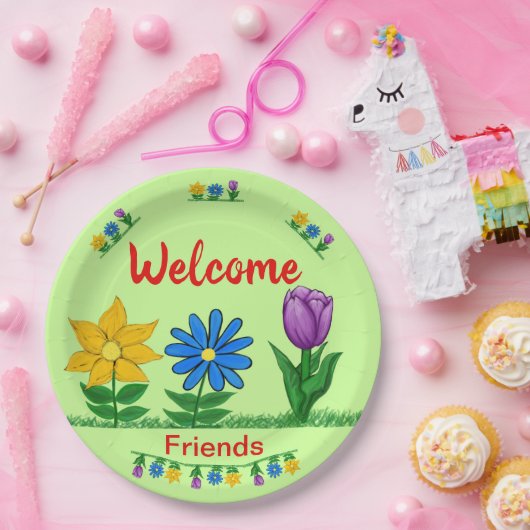 ウェルカムフレンズガーデンフラワーライトグリーン ペーパープレート (パーティー)