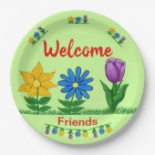 ウェルカムフレンズガーデンフラワーライトグリーン ペーパープレート (正面)