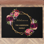 ウェルカムブラックブルゴーニュ花模様金ゴールドファミリー名 ドアマット