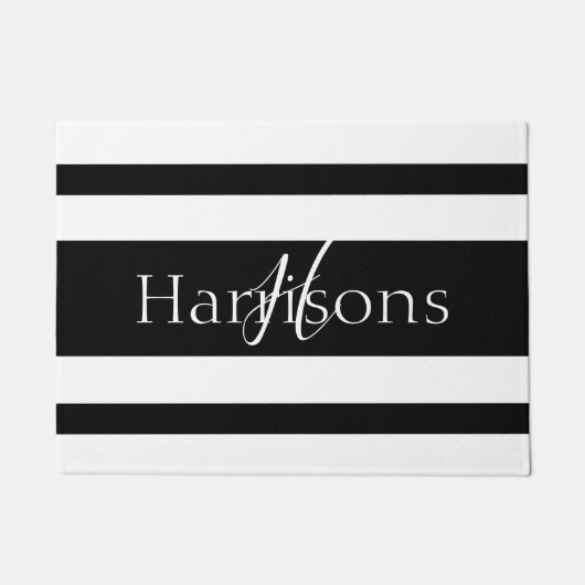 ウェルカムブラック&ホワイトストライプシズモノグラムファミリー ドアマット (正面)