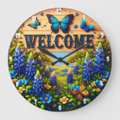 ウェルカムブルールパンフィールド蝶 ラージ壁時計 (正面)