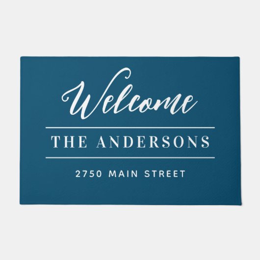 ウェルカムブルー&ホワイトパーソナライズされたファミリータイトル ドアマット (正面)
