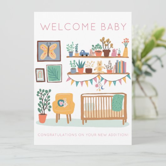 ウェルカムベビーかわいい子供部屋男女兼用おめでとう カード (スタンド正面)