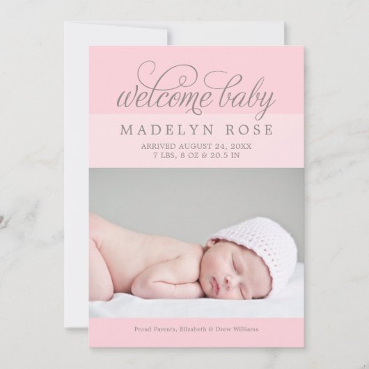 ウェルカムベビーエレガントガールライトピンク誕生 案内状 (正面)