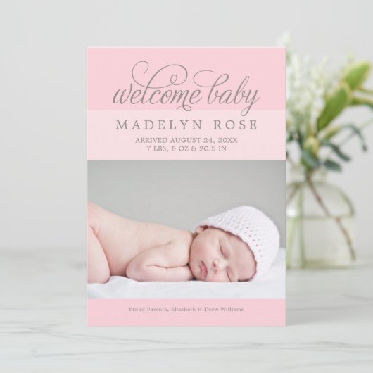 ウェルカムベビーエレガントガールライトピンク誕生 案内状 (スタンド正面)