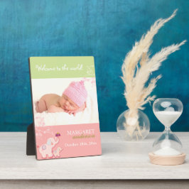 ウェルカムベビーガールかわいいピンクの象のベビー写真 フォトプラーク