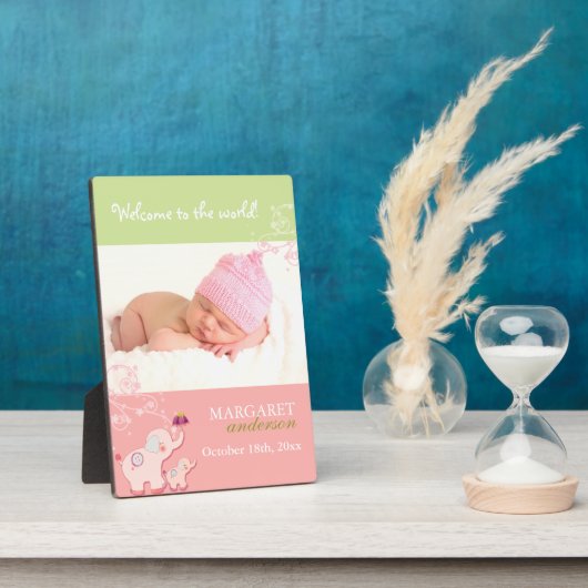 ウェルカムベビーガールかわいいピンクの象のベビー写真 フォトプラーク (側面)