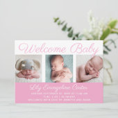 ウェルカムベビーガールかわいらしフォトピンク誕生 案内状 (スタンド正面)