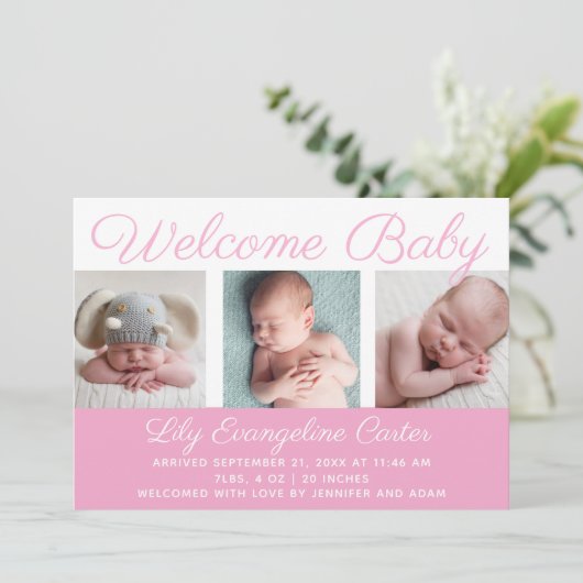 ウェルカムベビーガールかわいらしフォトピンク誕生 案内状 (スタンド正面)