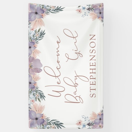 ウェルカムベビーガールウォーターフローラ パーソナライズされた 横断幕 (縦)