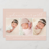ウェルカムベビーガールフォトコラージュ赤面誕生Announ 案内状 (正面/裏面)