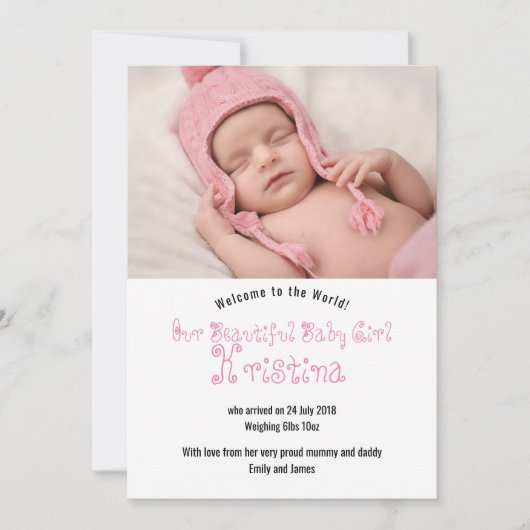 ウェルカムベビーガール写真アナウンスメントカード 招待状 (正面)