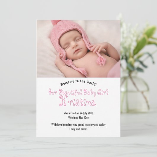 ウェルカムベビーガール写真アナウンスメントカード 招待状 (スタンド正面)