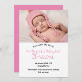 ウェルカムベビーガール写真アナウンスメントカード 招待状 (正面/裏面)