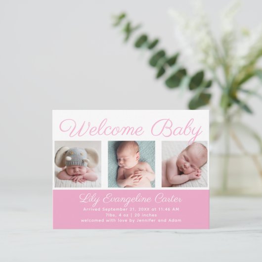 ウェルカムベビーガール生まれたばかりのフォトピかわいらしンク ポストカード (スタンド正面)