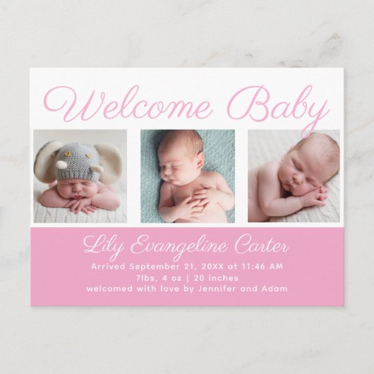 ウェルカムベビーガール生まれたばかりのフォトピかわいらしンク ポストカード (正面)